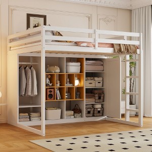 Kids Loft Bed with Wardrobe and Shelves, Wooden Loft Bed Frame with Storage Cabinet for Kids Teens - 1 of 4