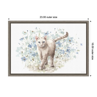 Bohemian Blue Cat Canvas Wall Art Print with Gray Frame