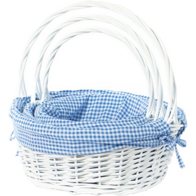 Traditional White Round Willow Gift Basket with Gingham Liner and Sturdy Foldable Handles, Food Snacks Storage Basket