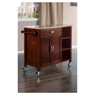 Mabel Walnut and Natural Wood Kitchen Cart with Storage