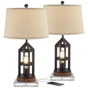 Franklin Iron Works Lucas Western Table Lamps Set of 2 with Square Risers 27 1/2" Tall Bronze USB Charging Port Nightlight Oatmeal Drum Shade for Home - 1 of 4