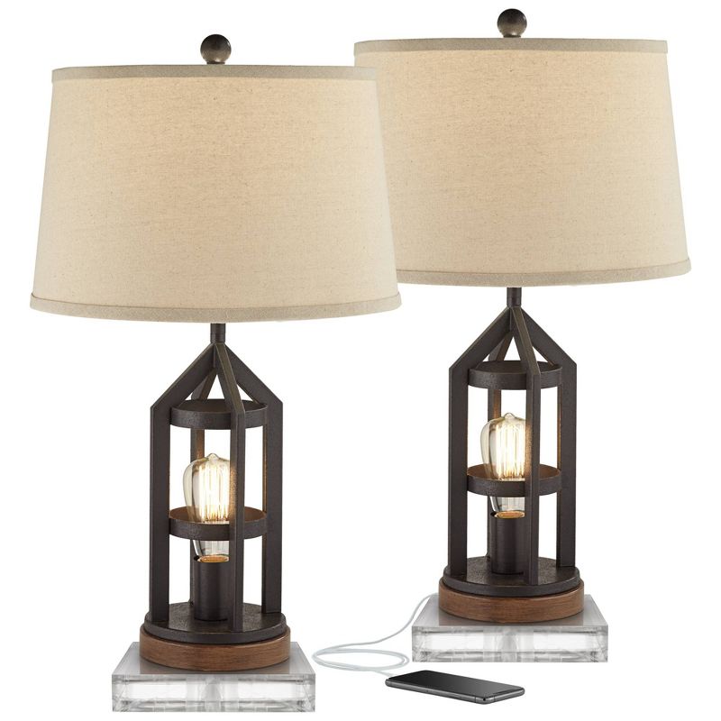 Franklin Iron Works Lucas Western Table Lamps Set of 2 with Square Risers 27 1/2" Tall Bronze USB Charging Port Nightlight Oatmeal Drum Shade for Home, 1 of 8