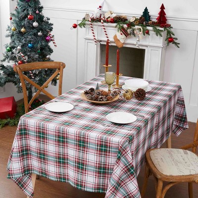 Classic Red and Green Plaid Fabric Christmas Tablecloth with Gold Detailing