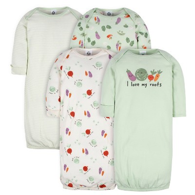 Gerber Baby Neutral Long Sleeve Gowns with Mitten Cuffs - 4-Pack, Happy Veggies, 0-6 Months