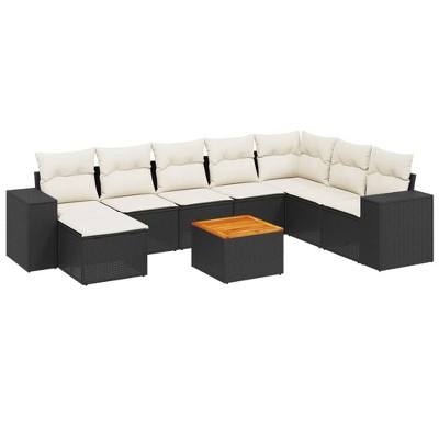 vidaXL 9 Piece Patio Sofa Set with Cushions Black and Cream Poly Rattan