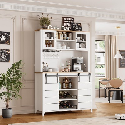 70'' Wine Coffee Bar Cabinet with Sliding Barn Door, Tall Sideboard Buffet with Wine Rack, Glass Holder, for Dining Room, Home Bar