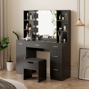 Vanity Desk with Led Lighted Mirror,Makeup Vanity with 10 Led Lights and 5 Metal Sliding Drawers - 1 of 4