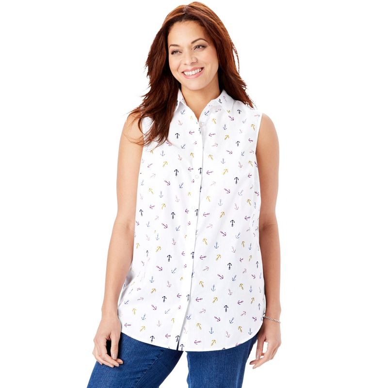 Woman Within Women's Plus Size Perfect Button Down Sleeveless Shirt, 1 of 2