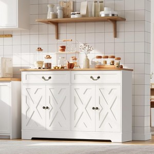 Farmhouse Buffet Cabinet with Storage, White Sideboard with 4 Doors & 2 Drawers, Adjustable Shelves Coffee Bar Cabinet, Multi-Functional Storage - 1 of 4