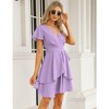 Womens Skater Dresses Sexy V Neck Short Sleeve Tie Waist Solid Ruffle Boho Flowy Swing Mini Dress - 4 of 4