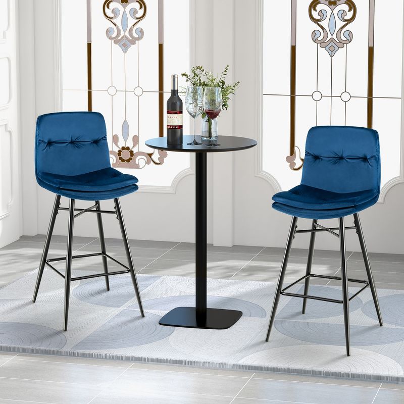 Costway Set of 2 Velvet Bar Stools Bar Height Kitchen Dining Chairs with Metal Legs Blue/Grey, 4 of 10