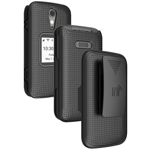 Case for Nokia 2720 V Flip Phone, Nakedcellphone [Black Vegan Leather]  Form-Fit Cover with [Built-In Screen Protection] and [Metal Belt Clip] 