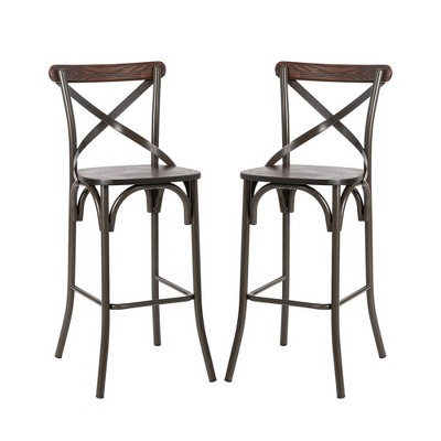 Set of 2 Steel Barstools with Solid Elm Wood Seat and Back Support Rustic - Glitzhome: Hand-Painted, X-Back Design, Footrest