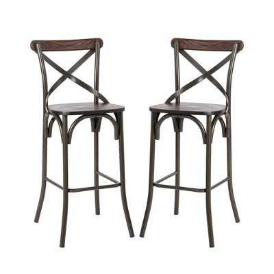 Set of 2 Steel Barstools with Solid Elm Wood Seat and Back Support Rustic - Glitzhome