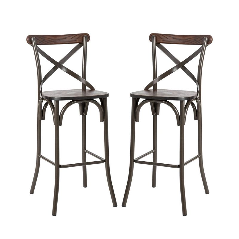 Set of 2 Steel Barstools with Solid Elm Wood Seat and Back Support Rustic - Glitzhome, 1 of 11