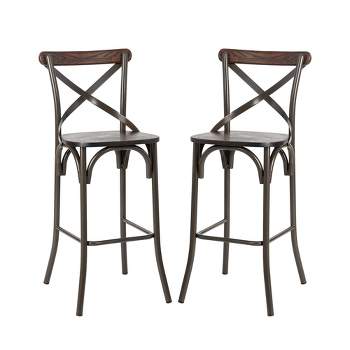 Set of 2 Steel Barstools with Solid Elm Wood Seat and Back Support Rustic - Glitzhome