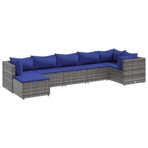 vidaXL 7 Piece Patio Lounge Set with Cushions - Gray PE Rattan Outdoor Furniture with Dark Blue Cushions - Garden, Terrace, Backyard, Deck Lounge Set - 1 of 4