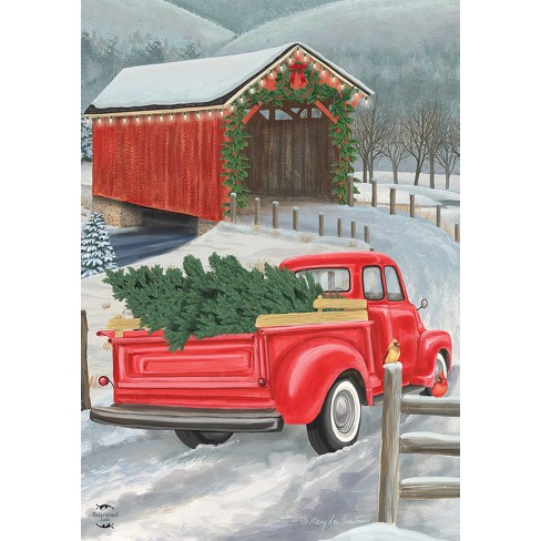 Festive Covered Bridge Christmas House Flag Red Pickup 28