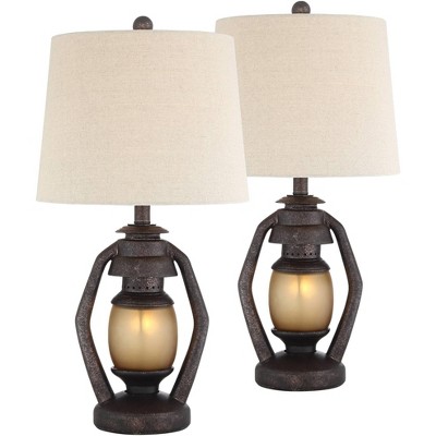 Franklin Iron Works Rustic Table Lamps 25.25" High Set of 2 with Nightlight Miner Lantern Brown Oatmeal Drum Shade Living Room Bedroom Bedside