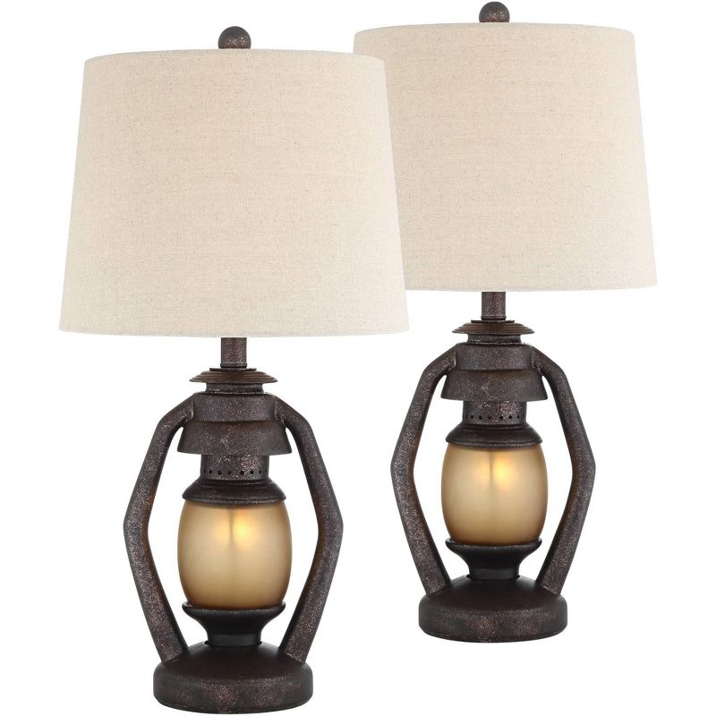 Franklin Iron Works Horace Rustic Table Lamps 25 1/4" High Set of 2 Brown with Nightlight Miner Lantern Oatmeal Drum Shade for Bedroom Living Room, 1 of 9