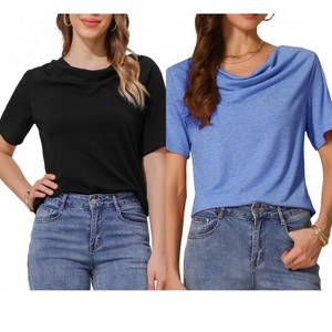 INSPIRE CHIC Women's Cowl Neck Short Sleeve Casual Stretchy Shirts 2 Packs - 1 of 4