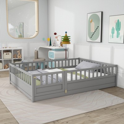 ALEXOUN Solid Wood Floor Bed with High Safety Guardrails for Kids,Montessori Floor Bed with Opening,Bed Frame for Boys Girls Bedroom,
