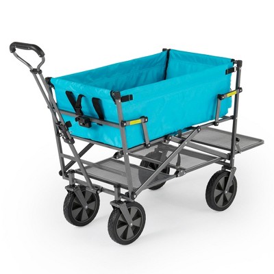 Mac Sports Double Decker Heavy Duty Steel Frame Collapsible Outdoor 150 Pound Capacity Yard Cart Utility Garden Wagon with Lower Storage Shelf, Blue