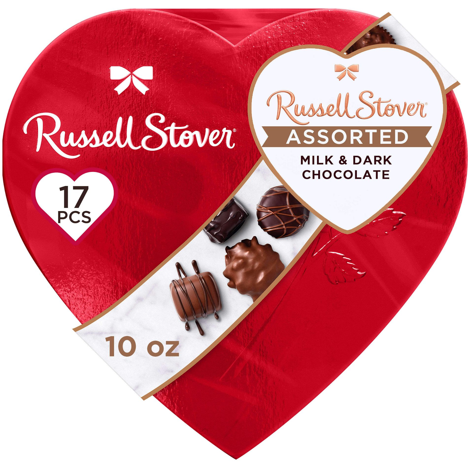 Russell Stover Valentine's Day Red Foil Heart Assorted Milk & Dark Chocolate Candy Gift Box - 10oz
