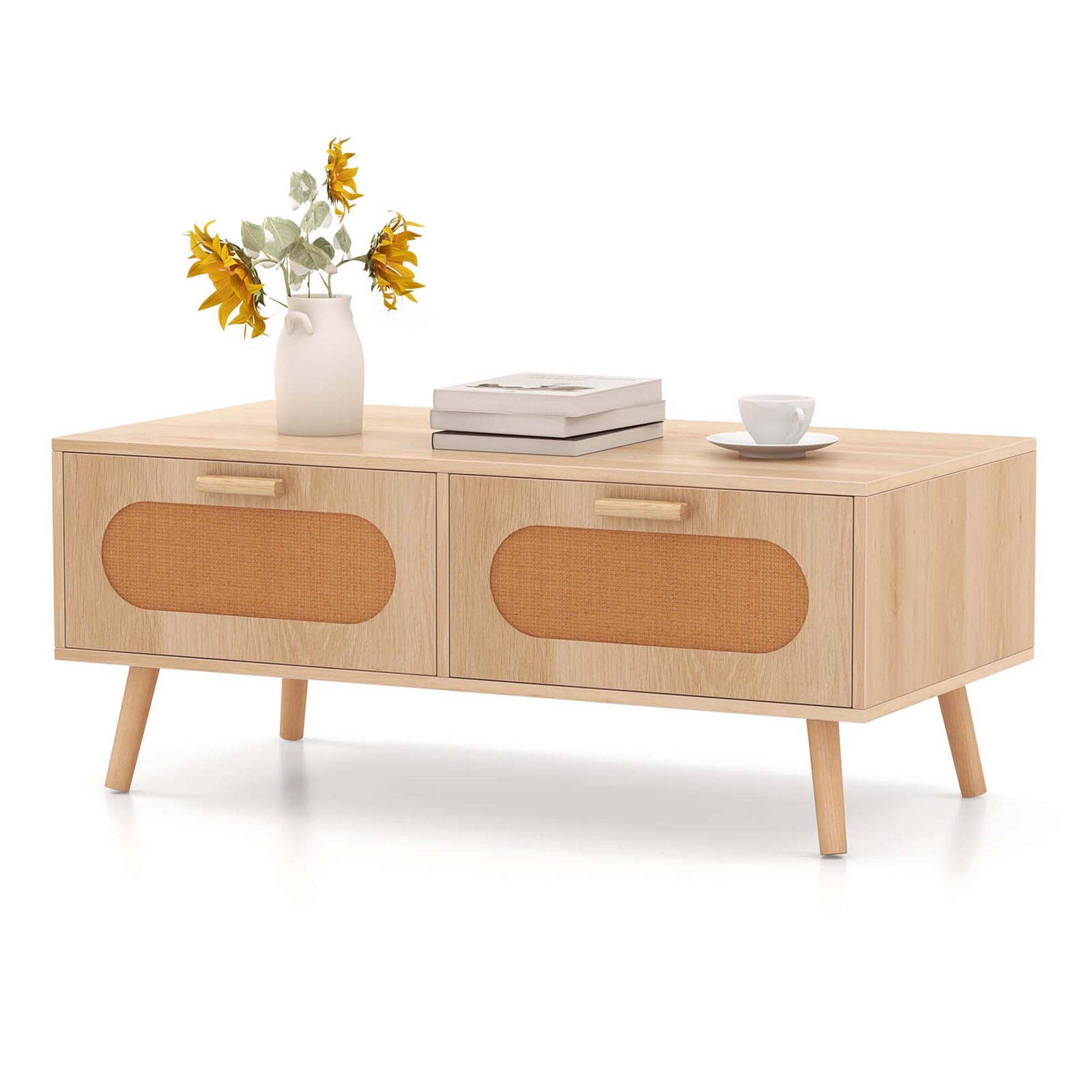 Costway Rattan Coffee Table Mid Century Modern Center Table with 2 Storage Drawers