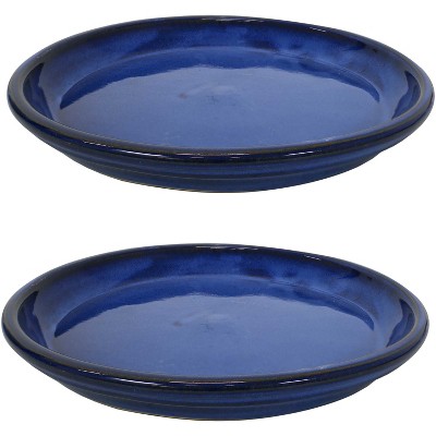 Sunnydaze Outdoor/Indoor Ceramic High-Fired Glazed UV and Frost-Resistant Flower Pot Planter Saucers - 12" Diameter - Imperial Blue - 2-Pack