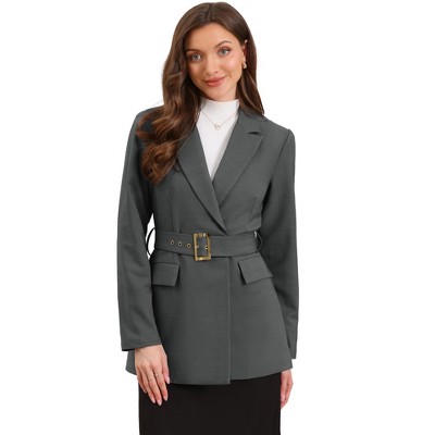 Allegra K Women Long Sleeve Collared Belted Business Casual Suit Jacket Blazer