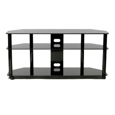 TransDeco 55Inch gloss black tempered glass TV stand with high gloss black finish metal poles