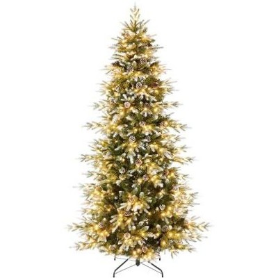 Acekool 6FT Snow Flocked Prelit Tree, Norway Spruce Look, Warm White Lights, Artificial Full Tree with Gloves & Sturdy Stand, Green