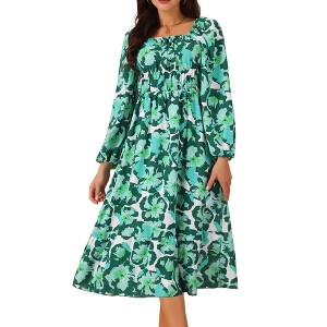 Seta T Women's Boho Square Neck Long Sleeve Floral Flowy Midi Casual Vacation Dress - 1 of 4