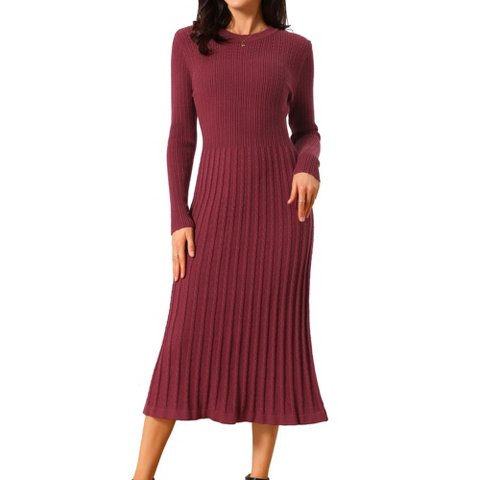 Женские платья INSPIRE CHIC Women's Crewneck Knit Long Sleeve Midi Ribbed A-Line Sweater Dress Pink Medium