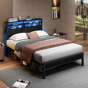Bed Frame with 2 Storage Drawers Headboard, LED & Charging Station, Black oack - 1 of 2