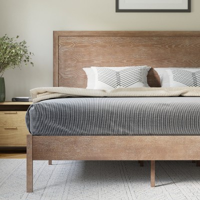 King Light Brown Solid Wood Platform Bed with Headboard