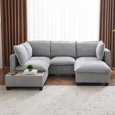 Whisen 90" U-shaped Sectional Sofa Modular Sofa Couch with a Movable Ottoman , a Coffee Table with Hidden Charging Devices
