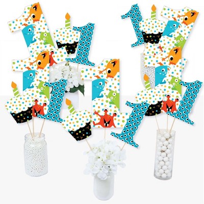 Big Dot of Happiness 1st Birthday Monster Bash - Little Monster First Birthday Party Centerpiece Sticks - Table Toppers - Set of 15