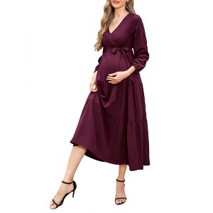 V-neck flared sleeve short sleeved long maternity dress - 1 of 1