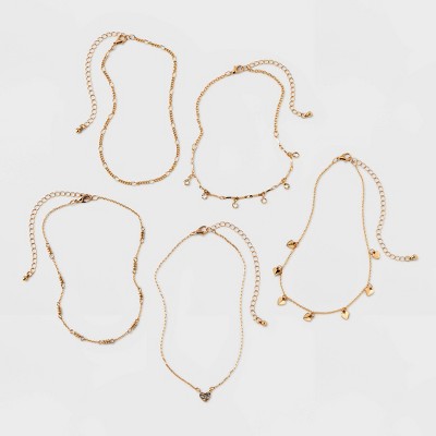 Embellished Heart Chain Choker Necklace Set 5pc - Wild Fable&#8482; Gold