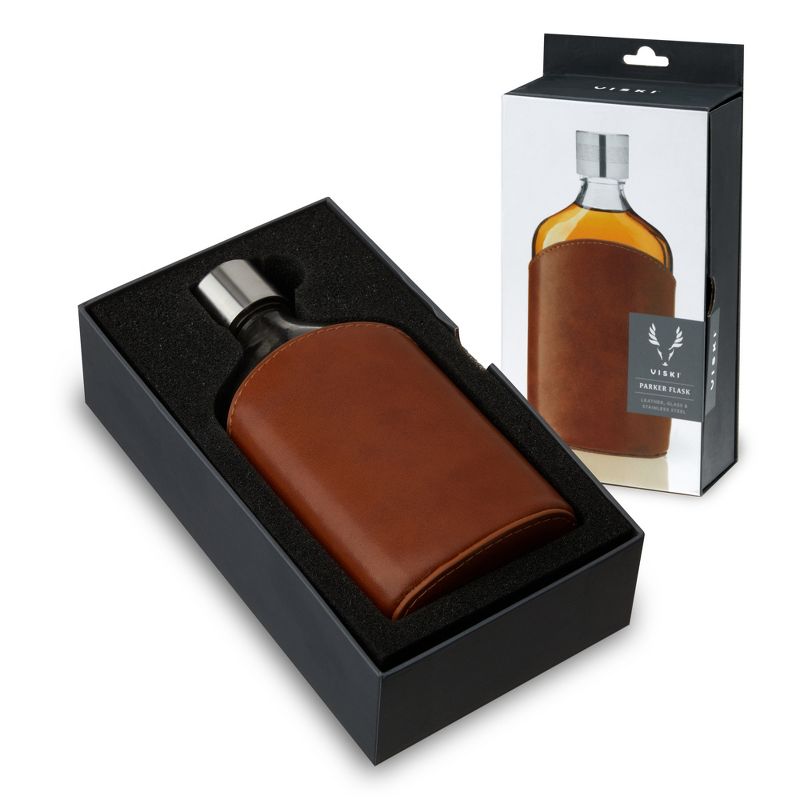 Viski Parker Leather-Wrapped Flask - Glass Flask Leather Pouch - Whiskey Flask for Men with Stainless Steel Screw Top - 7oz Set of 1, 1 of 10
