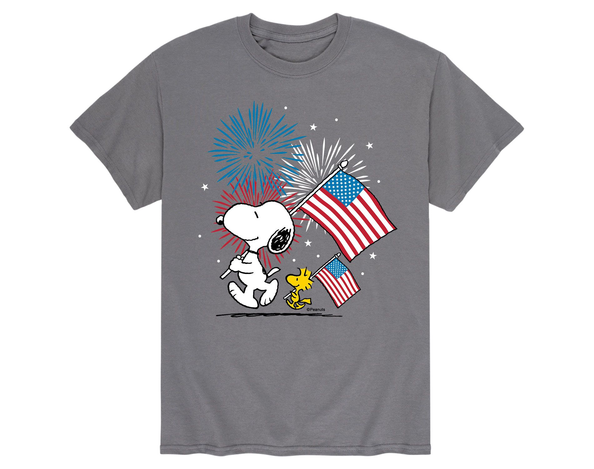 Men's - Peanuts - Snoopy and Woodstock American Flags and Fireworks Short Sleeve Graphic T-Shirt