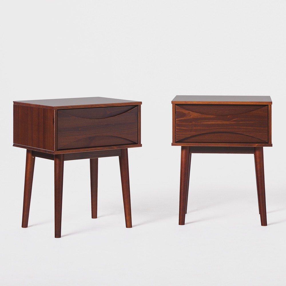 Saracina Home 2pc MidCentury Modern Contoured 1 Drawer Nightstand Walnut