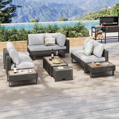 CAVINAS Patio Sectional Set, Backyard Furniture Set with Retractable Coffee Table, Diamond Weave Outdoor Couch Set for Garden