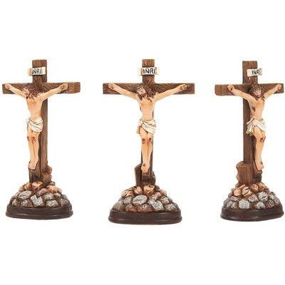 Juvale 3-Pack Standing Crucifix Cross Statues, Little Jesus Figures, Ornate Catholic Cross Sculptures for Easter, Altar Decor