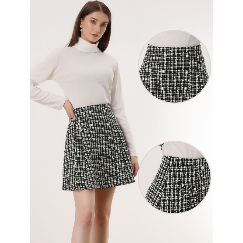 Allegra K Women's Plaid Tweed Elegant High Waist A-Line Button Front Mini Skirt, 2 of 7