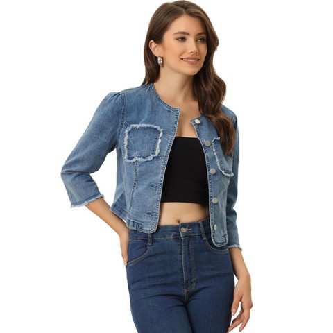 Allegra K Women's Cropped Denim Jacket 3/4 Sleeves Frayed Casual Collarless Jean Jackets Blue X-Small