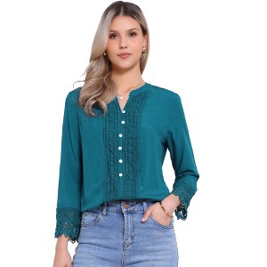 Allegra K Women's Half Button Placket Long Sleeve Lace Crochet Boho Blouse - 1 of 4