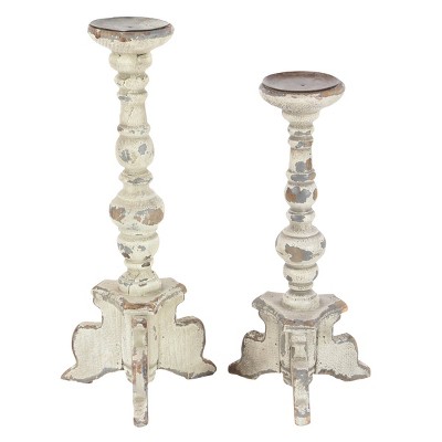 Distressed White and Gray Wooden Pillar Candle Holders Set